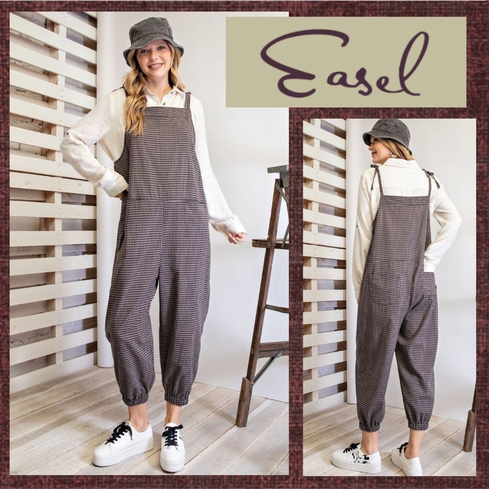 EASEL Black & Tan Plaid Loose Fit Self Tie Shoulder Overalls Jumpsuit W/Pockets